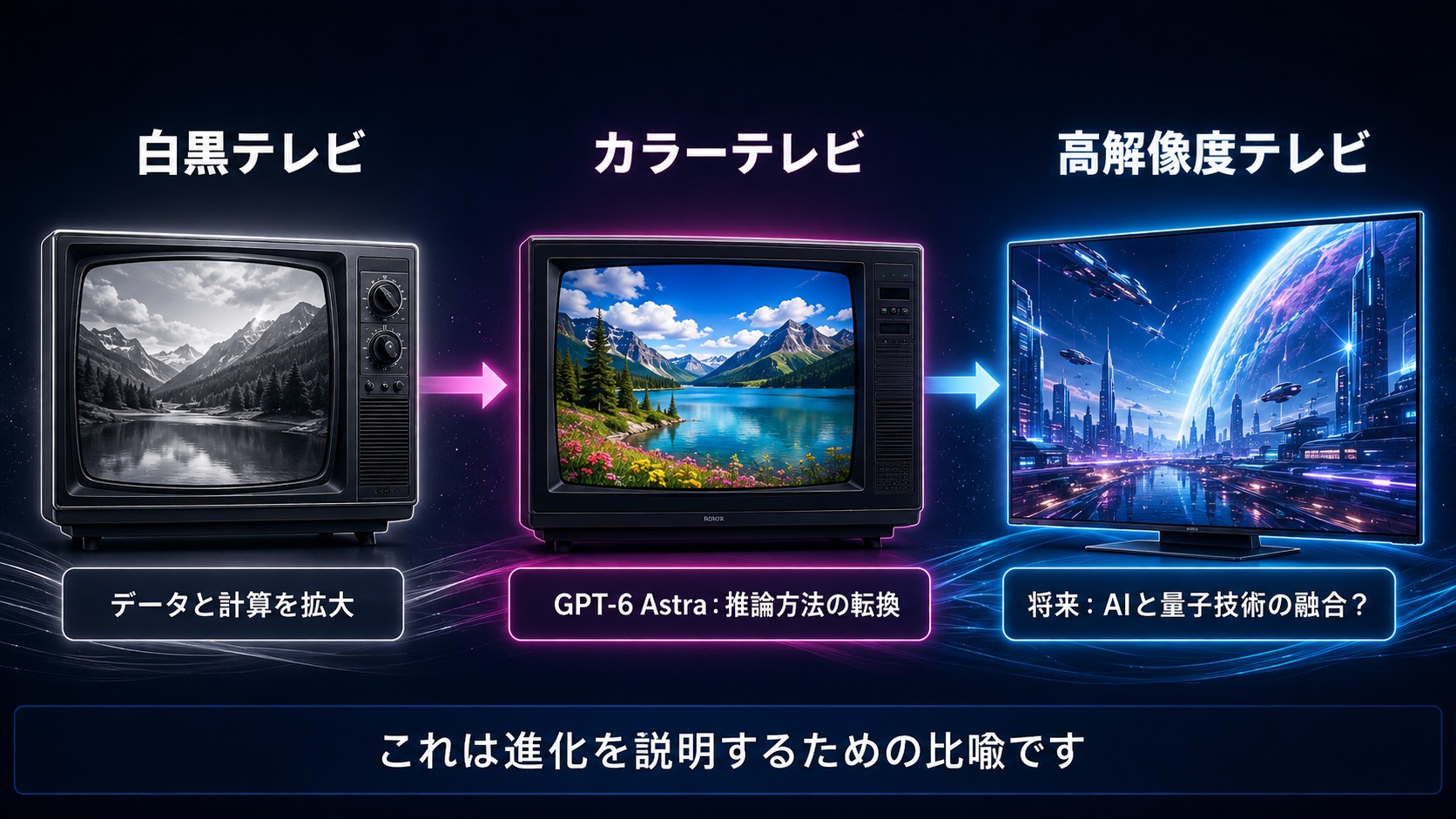白黒テレビからカラーテレビ、高解像度テレビへ進化する比喩