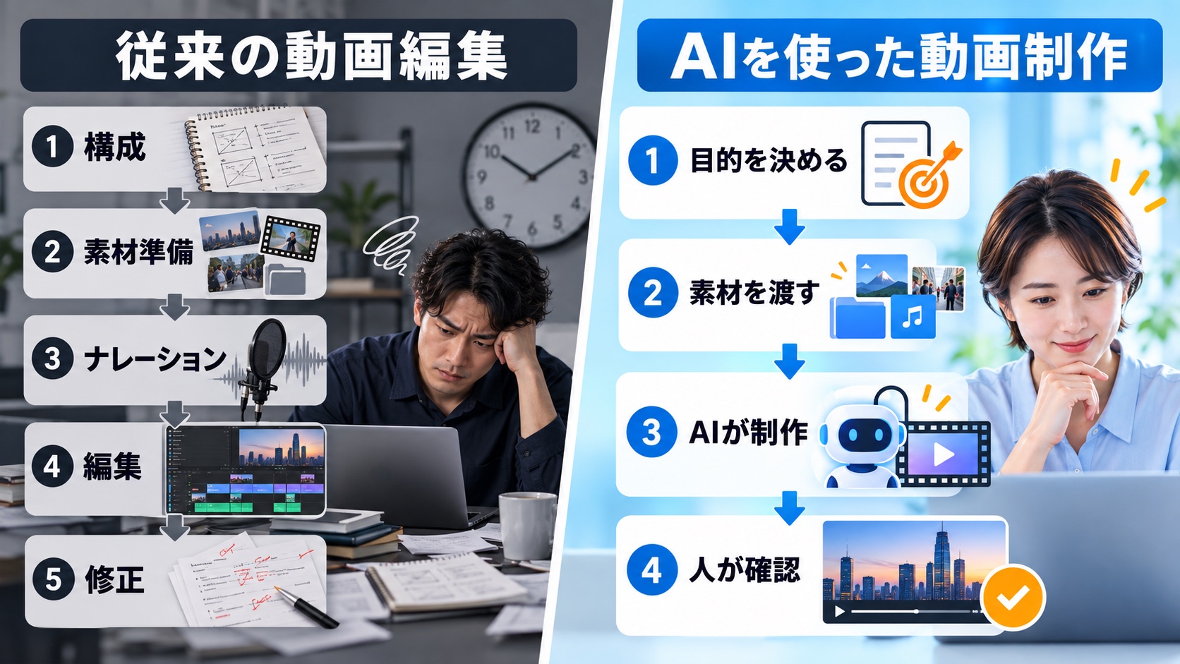 従来の動画編集とAIを使った動画制作の工程比較